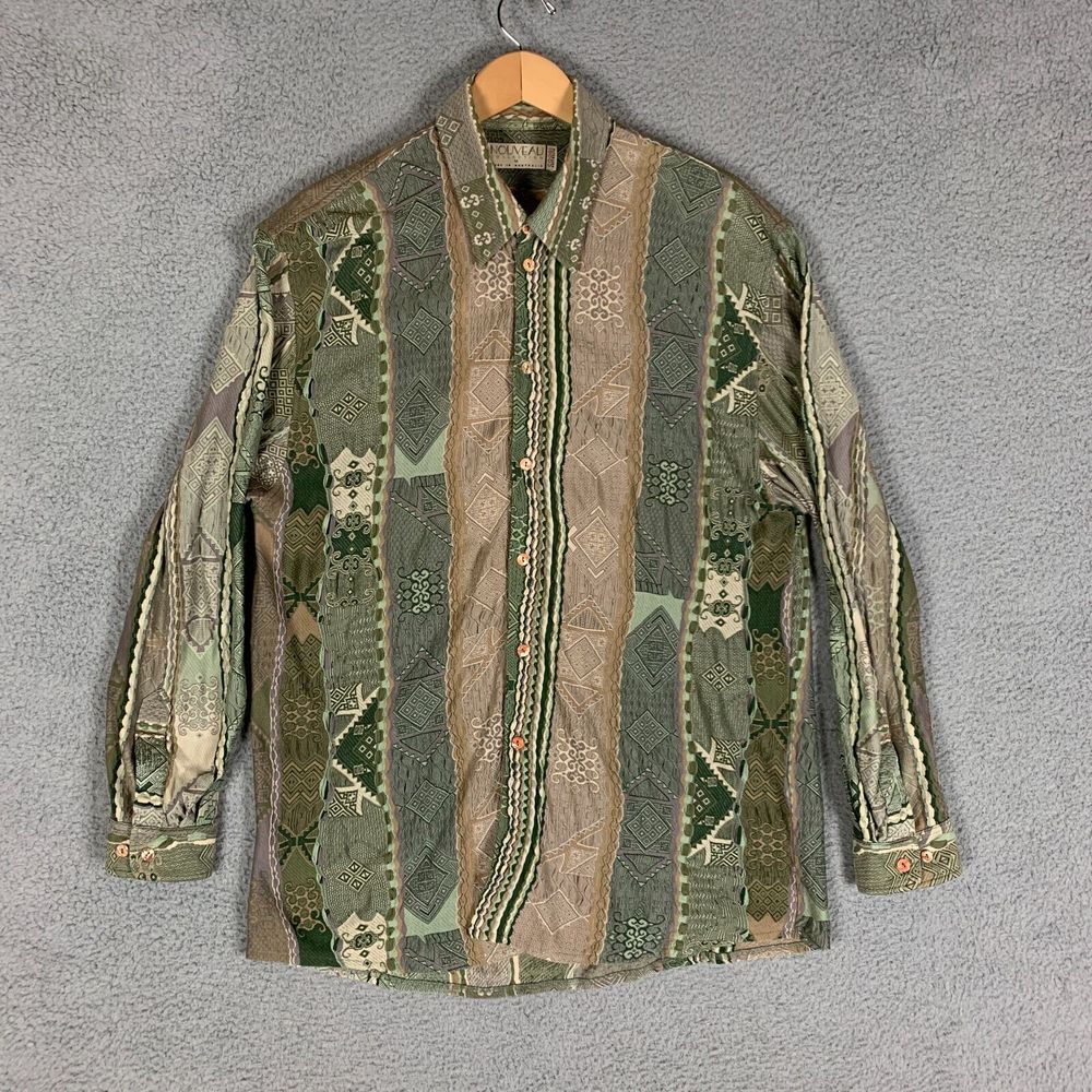 COOGI Green and Brown Patterned Casual Button Down Shirt